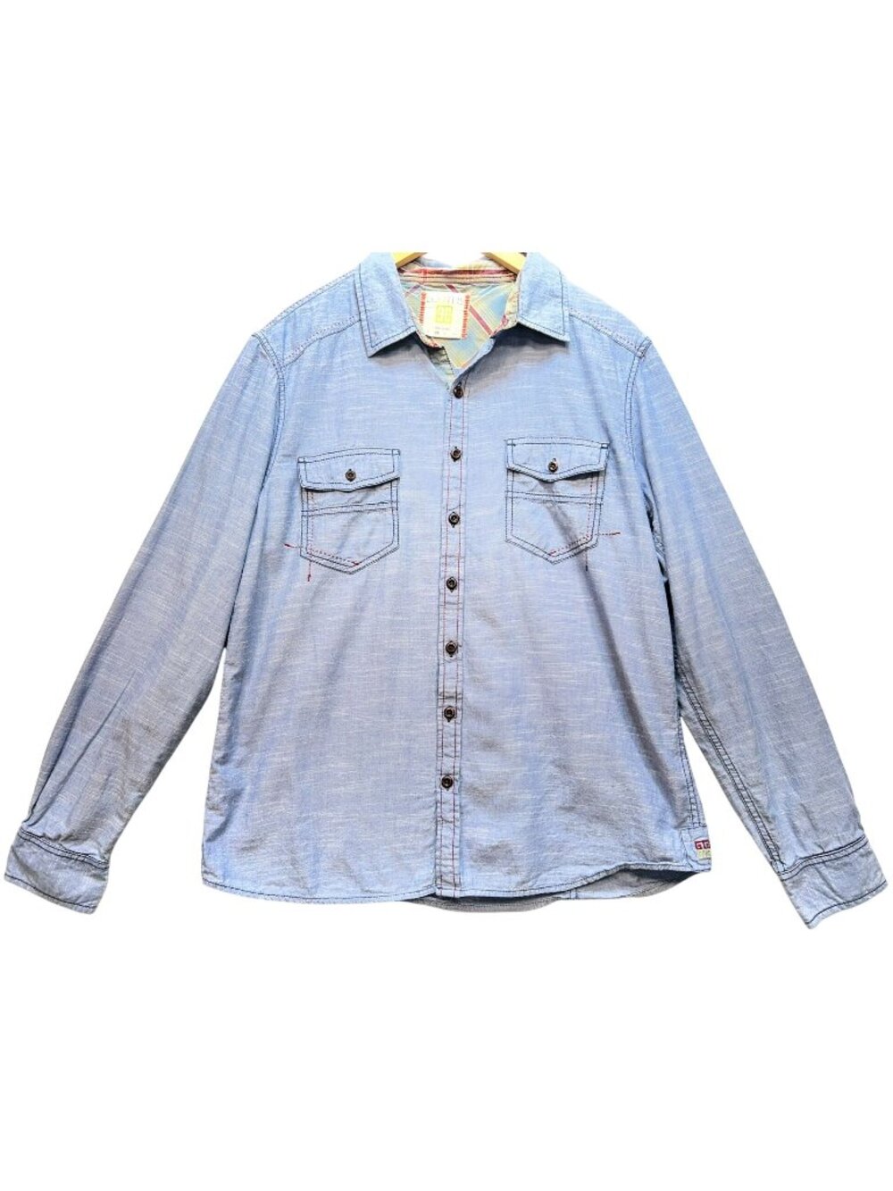 Ecoths Men's Denim Button Up Shirt Long Sleeve Stretch Size L Light Blue Pockets
